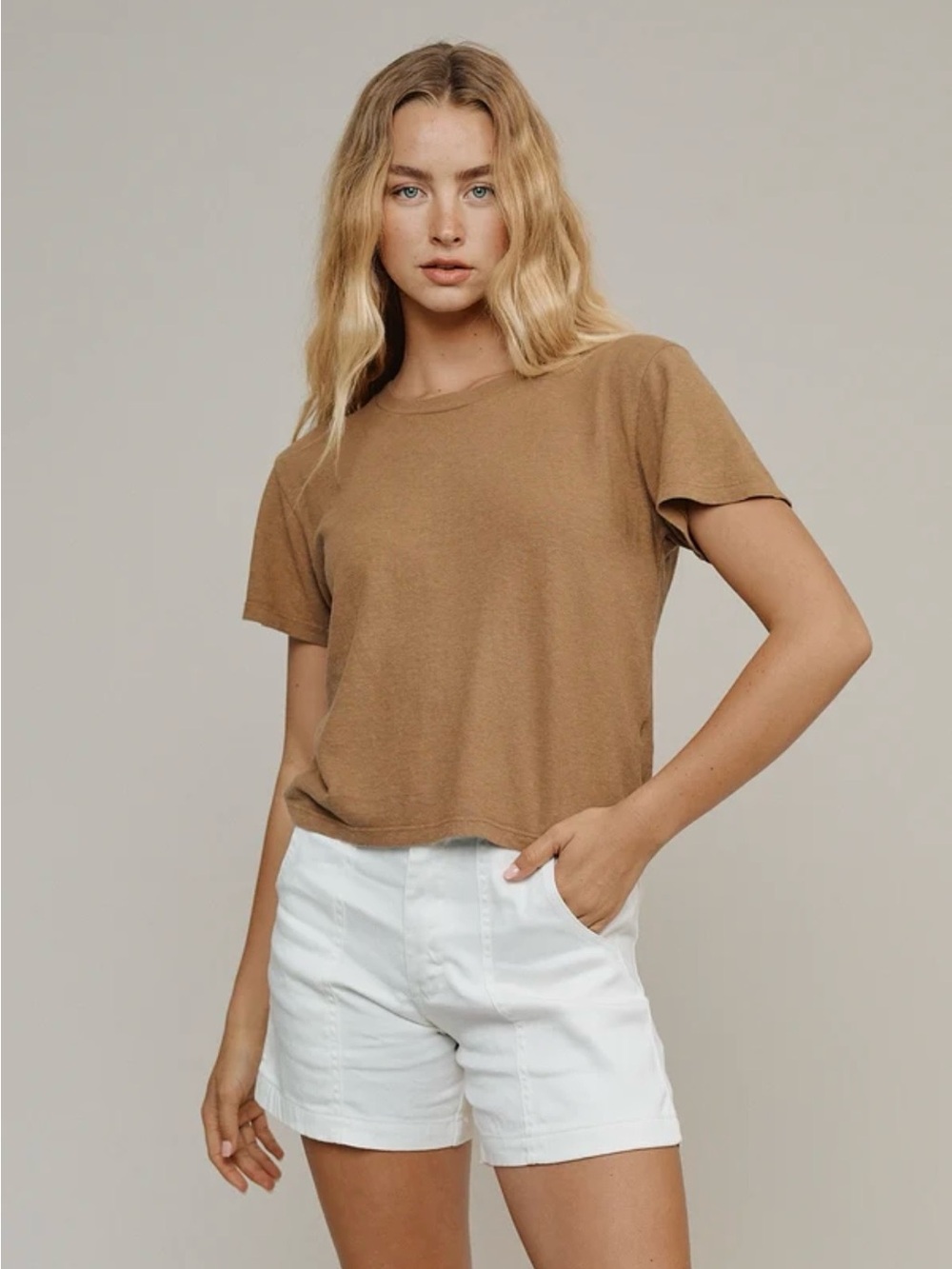 Jungmaven Cropped Lorel tee in Coffee Bean (dark brown), XS